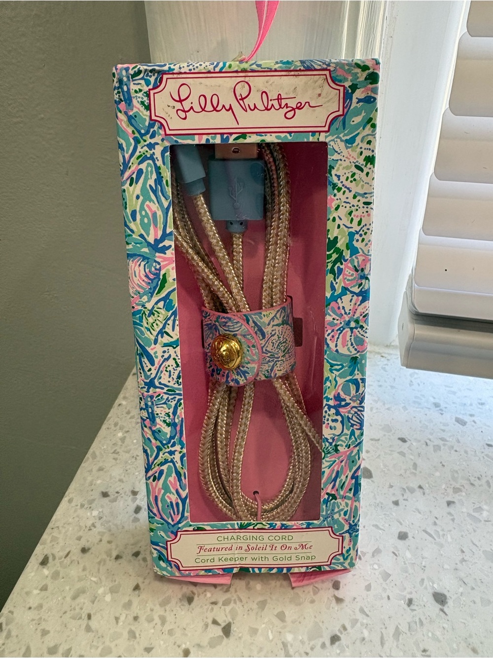 NIB Lilly Pulitzer Gold Braided Charging Cord with Pink & Blue Cord Keeper